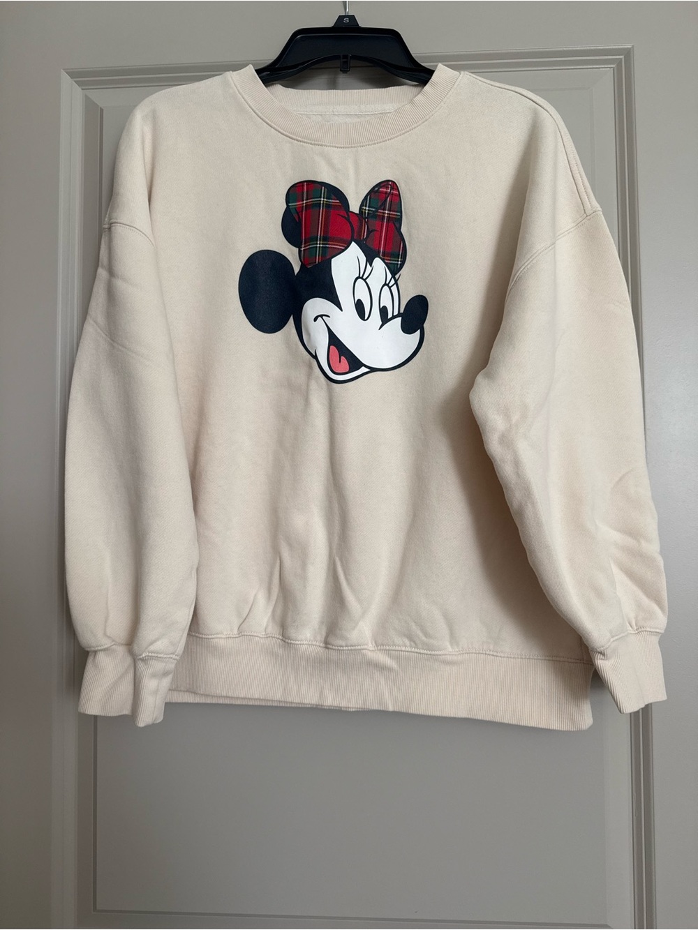 Old Navy Cream Minnie Mouse Crewneck Sweatshirt with Plaid Bow